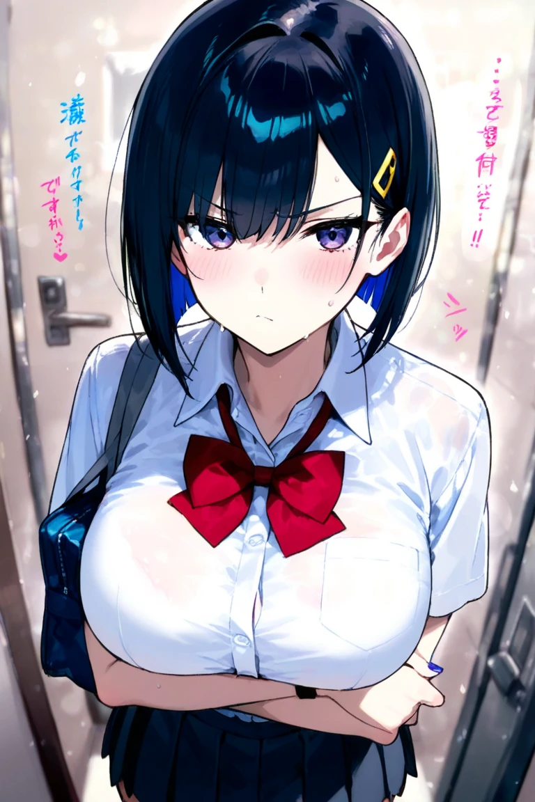 Three male students、The uniform of a girl with short black bob hair and modest pubic hair is ripped to shreds and her breasts and crotch are touched as she cries in disgust.、Standing posture