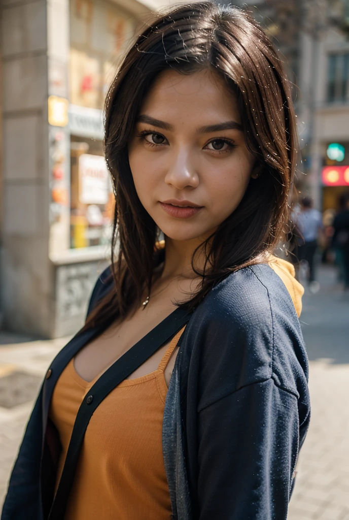 A photo of a young, nerdy malay woman in hijab 8K, RAW photo, Best quality, Masterpiece:1.2), (Realistic, photo-realistic:1.37),(1girll:1.3,in hijap,exteriors,1girll,with long coiled hair,Open chest red plaid shirt,full bodyesbian,gigantic cleavage breasts,Open chest,