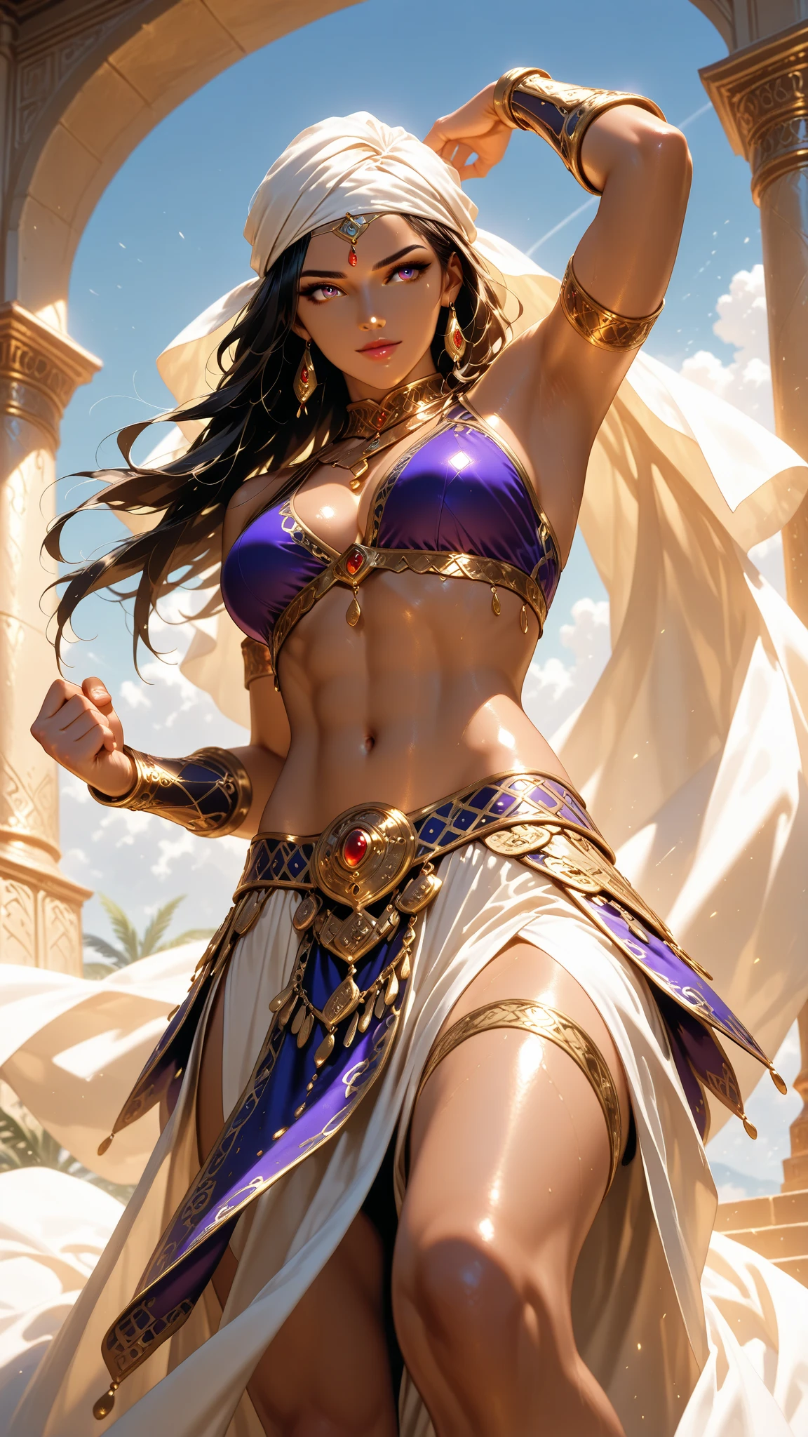 score_9, score_8_up, score_7_up, score_6_up, score_5_up, 1girl, Lucy Lawless, Xena: Warrior Princess, exposed midriff, black hair, blue eyes, (insanely detailed, beautiful detailed face, masterpiece, best quality)