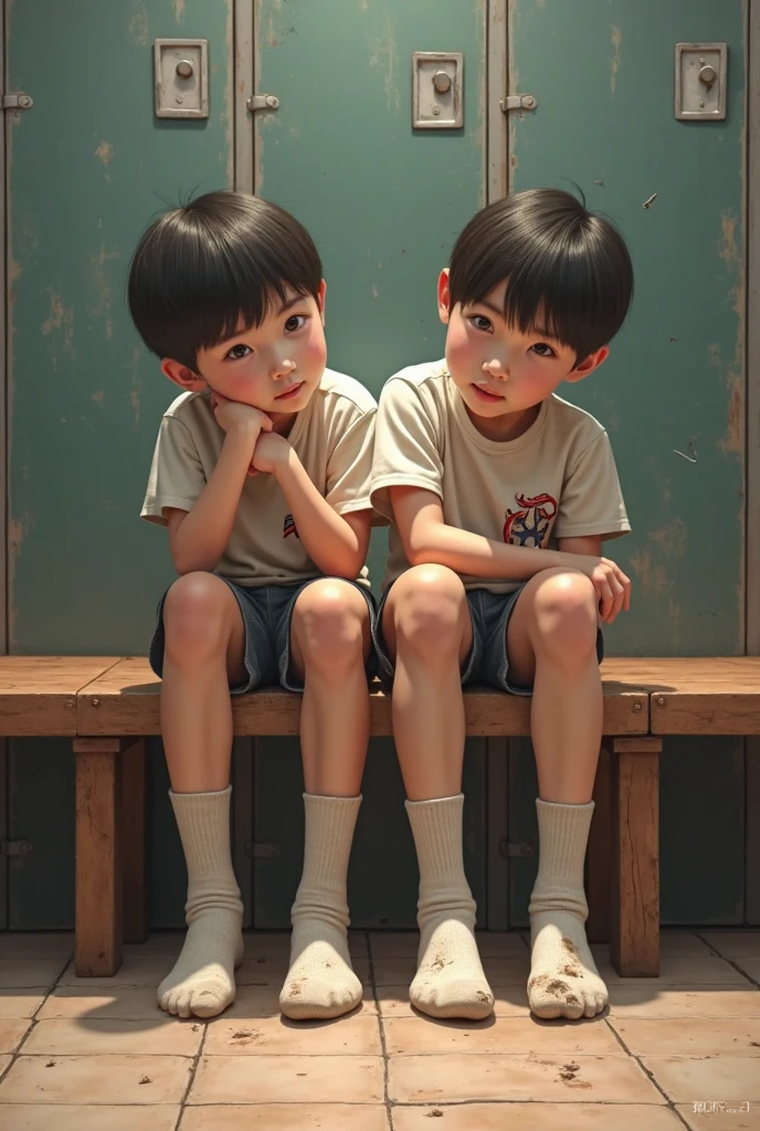 there are two young boys sitting on a wooden bench together, they are very serious, ruan jia and brom, children, ???, 2 years old, ruan jia and fenghua zhong, kids playing, with a kid, taken with sony alpha 9, kids, two buddies sitting in a room, yanjun chengt, a picture