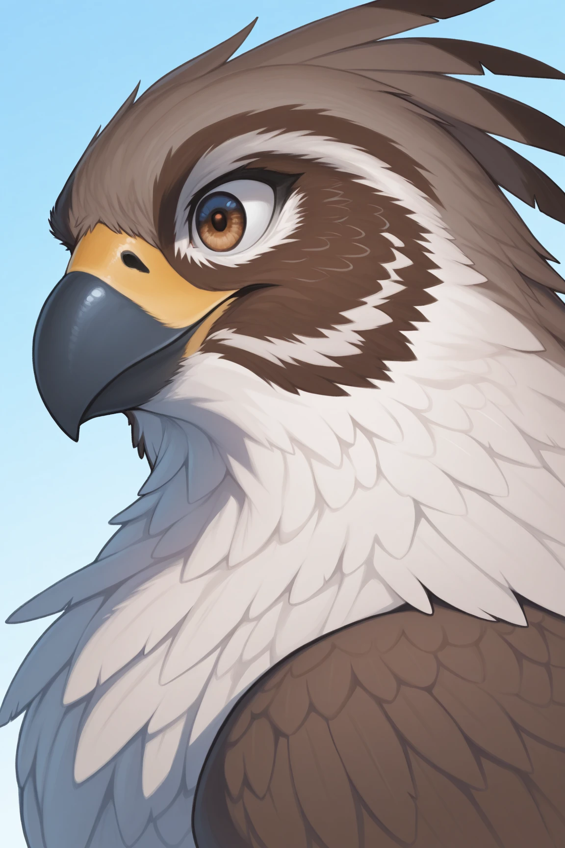 There is a painting,This is a cat with blue and yellow feathers, anthro portrait, furry character portrait, avian!!! fursona, lovely digital painting, portrait of an anthro fox, Gryphon, creature bust, fursona art, anthro art, Sly smile, cocky smirk, Detailed digital painting, Fluffy gray skin, portrait of a small