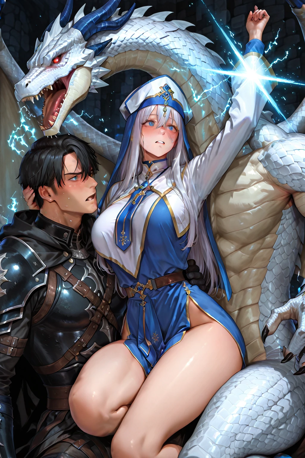 score_9,  score_8_up, best quality, masterpiece, 4k, uncensored, prefect lighting, rating_explicit, very aesthetic,  by aki99 BREAK vl4dil3n4, military uniform, white hair, streaked hair, red streak, long hair, black thighhighs, garter straps, cleavage, medium breasts, BREAK 1boy ((lizardman)):1.2,  
medieval, fantasy,  sex, hetero,pussy grab, spread pussy,, BDSM,   cum on body,
official art,anime coloring,
cinematic angle, cinematic lighting, highly detailed, Amazing, finely detail,
<lora:neg4all_bdsqlsz_xl_V7:0.9>, <lora:sd_xl_dpo_lora_v1:1> <lora:RMSDXL_Enhance:1>,
cum, cum on body,