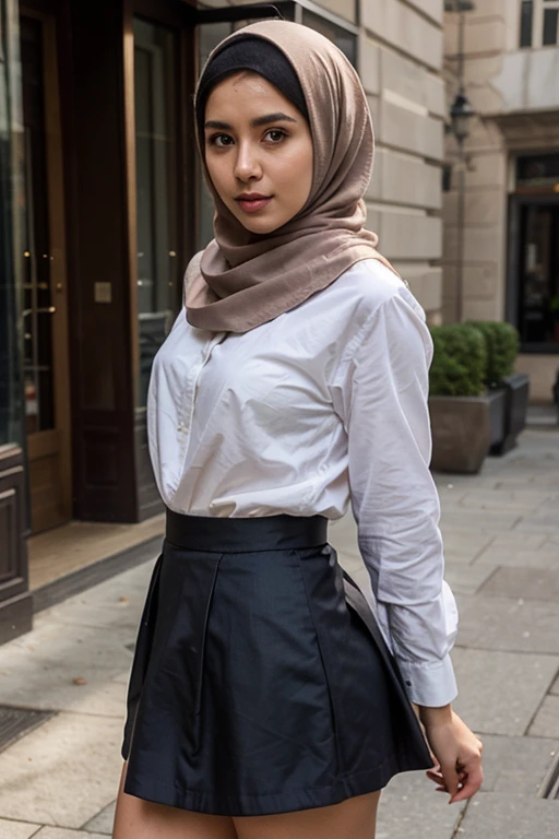 A beauty woman with hijab in a student uniform, big breasts, a smile, happiness, a mini skirt with vivid colors and a youthful style (best quality,4k,8k,highres,masterpiece:1.2), ultra-detailed, (realistic,photorealistic,photo-realistic:1.37), professional lighting, bright and vibrant colors, detailed eyes, intricate embroidery on the hijab, a fashionable bag, a lively campus background, confident posture, radiant skin, intricate patterns on the uniform fabric, emphasizing the beauty of diversity, and a stylish hairstyle.