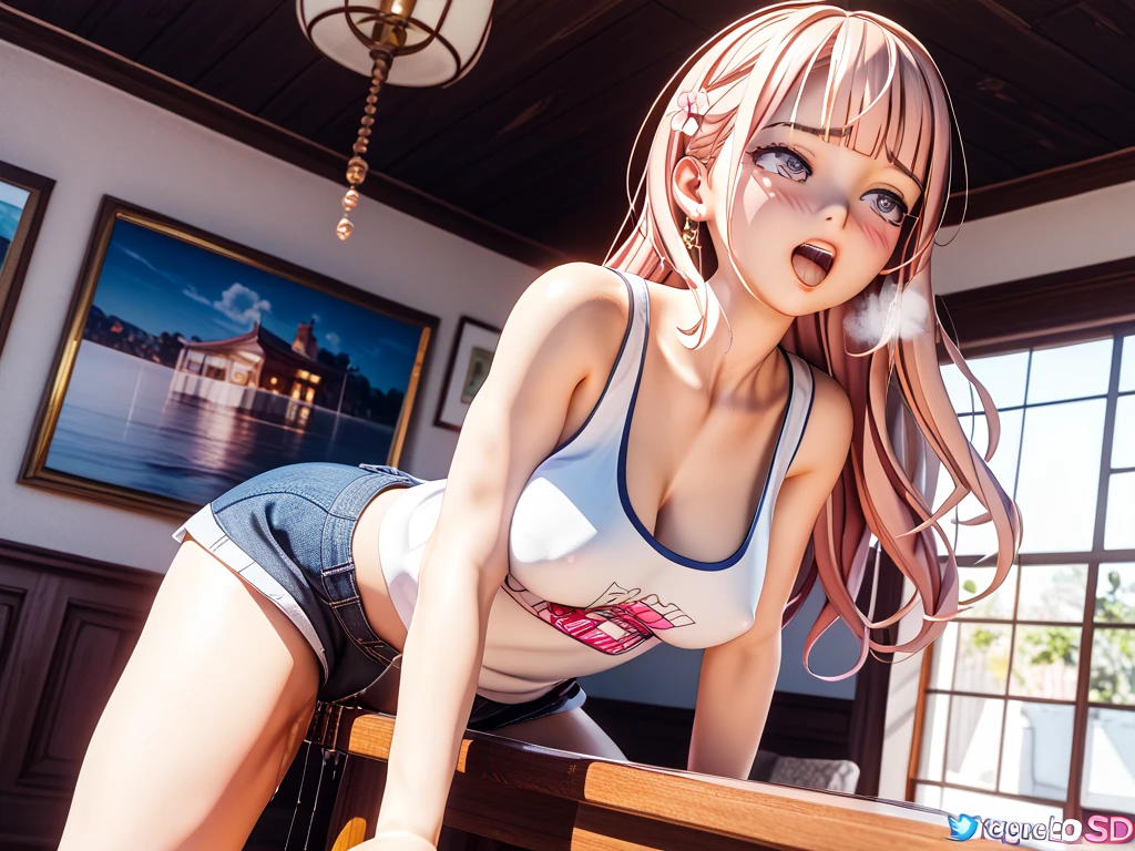 A Female robot wears white plain dress. She is laughing happily in bed room, spread legs, nude, banzai pose,  Brown short hair is tied with two big red clothespins, She lifts up the under hem of her white plain dress, leaning over, masterpiece, very short pigtails,brown hair, mature, android, blue eyes, full body figure, Height: 160cm, flushed cheeks, 2020s anime picture, she is loved in missionary angle, A beautiful robot with short brown hair in two short pigtails held up by two very large huge red clothespins, Uplifting, No NSFW, whole body, barefoot, archaic smile, getting orgasm, 25 years old, sweat bucket,  She is half sitting posture or crouching position.