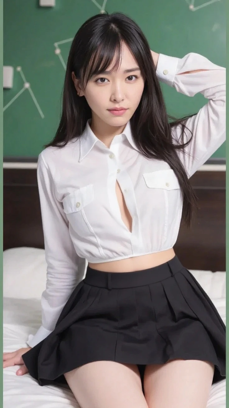masterpiece, Highest quality, 8k, Young and beautiful girl, Baby Face、photo shoot, Cute Face, Thighs, Classroom after school,  ((Embarrassing))No makeup, 10 generations, Detailed face, Background Blur、Long Hair、Black Hair、Tight waist、((((uniform、White shirt、Checked mini skirt、Lift up your skirt、White tiny panties))))、Ponytail Hair