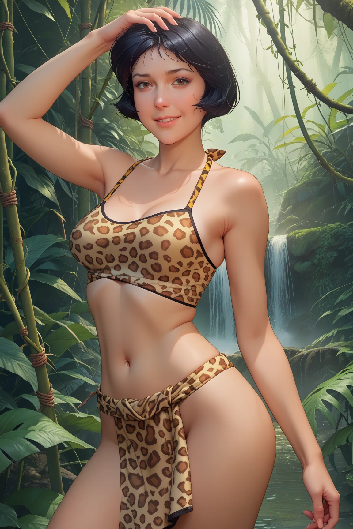 cavewoman girl,1girl,

(large breasts:1.5),((((brown short hair)))),(((brown_eyes:1.3))),intricate eyes,beautiful detailed eyes,symmetrical eyes,((((dark skin:1.5,lustrous skin:1.5,bright skin: 1.5,shiny skin,very shiny skin,shiny body)))),(spider lower abdomen,narrow waist,wide hip,athletic body,inflated legs,thick thighs),(((detailed face))),beautiful detailed lips,Highlighted feminine curves,athletic build,

cute,slutty,sensual,seductive look,seductive,((erotic)),opulent,sumptuous,(((nsfw))),

((cavegirl,cavewoman)),((loincloth,prehistoric clothes,leopard print)),

(dynamic poses),looking at viewer,embarrassed,centered,scale to fit dimensions,Rule of thirds,

((((many fireflies,fireflies,glowing fireflies,fireflies in the background)))),

outdoors,overgrown,(overgrown background,glowing crystals,bioluminescent plant),scenery,extremely scenery,(((glowing crystals,bioluminescent plants))),(puddles everywhere,moss,moss on the background),clouds,lily pads,palms,reeds,(sunset, golden hour),

(Glossy prehistoric  ornaments),highres,sharp focus,(ultra detailed,extremely detailed),(photorealistic artwork:1.37),(extremely detailed CG unity 8k wallpaper),(((vibrant colors,vibrant theme))),(intricate),(masterpiece),(best quality),artistic photography,(photography taken by sldr),(intricate background),perfect rendered face,perfect face details,realistic face,photo realistic,((intricate detail)),(((realism))),