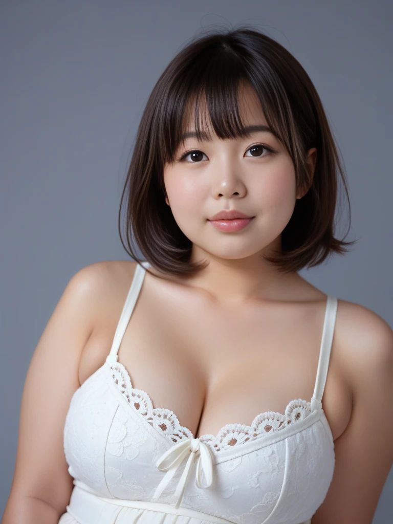 (highest quality、masterpiece:1.2)、White checkered micro bikini、skin、Big Tits、Cleavage、Full nudity、standing、Sexy pose、Photo studio、Gray wall、Sexy pose、short hair、Laughter、(((((Plump body)))))、Raise your arms、Blonde、