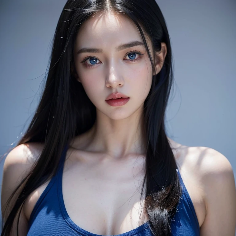 8K, Top Quality, Intricate Details, Ultra Detail, Ultra High Resolution, Masterpiece, close up shot, Slender,, (()), (Makeup: 0.4), (Fluffy Blue Eyes: 1.21), , looking at viewer, (()), 1girl, solo, 1 girl, (( )), , , ((tall)), (((fit body))), (((slim face))), sharp face , smile, (( black hair, long hair )) , (detailed face), sharp face, small lips, standing, , show belly ,, hand on hip , ((,open black crop top, cleavage)), sleeveless, ((detail belly )), detail fingers, detail hands, detailed face, detailed breast, huge breast, Narrow Waist, Skinny, 175 cm tall , Muscular, Navel, Exposed Abdomen, Pointed Ches , large breast, , , Beautiful girl with accentuated slender abs: 1.4, Six Pack Abs: 1.4, Bust Botox,, Perfect Body, (( dark background)), black background,