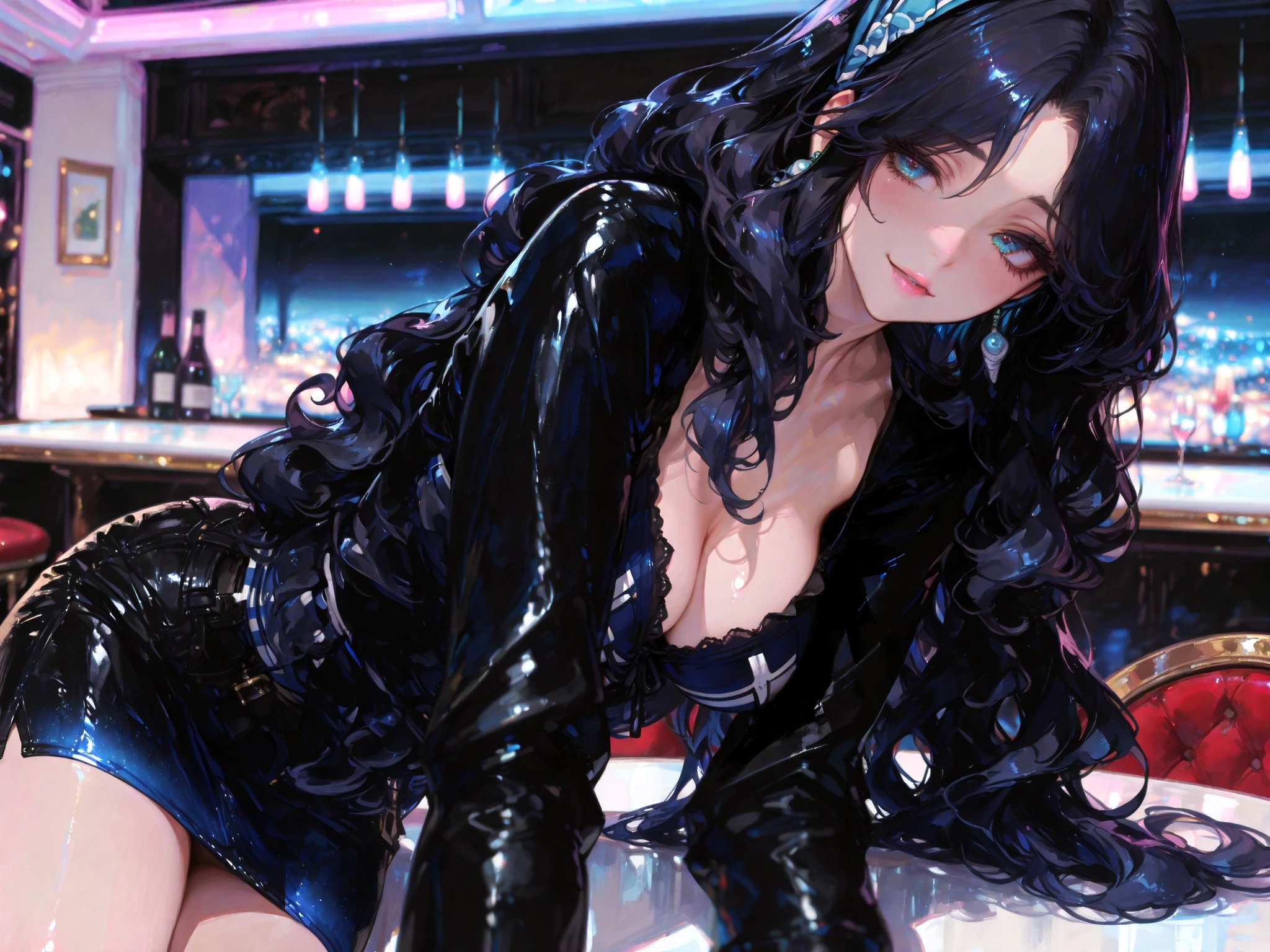 ((beautiful girl))1 2, big breasts, smile, pubic hair, black hair blue eyes, ((Smoking))1 1 a cigarette, Only one in his mouth, blue evening Dresses, in Backstreet cigar bar,