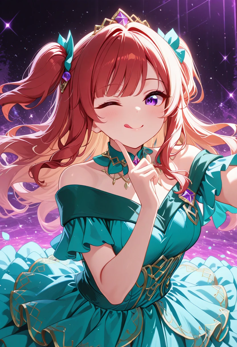 ultraclear，the detail，Large colored umbrella，There was a little girl under the umbrella，big breasts beautiful，Red, Rainbow-colored hair，