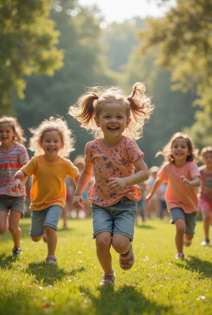 , blonde, photographed in a playpen. The girl is playing with other children. The photo is taken from a great distance, in a wide shot.  The girl doesn't know she's being photographed.