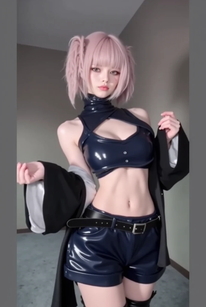 (8K, top-quality, masterpiece:1,2), (reallistic, Photorealsitic:1.37), Super Detail, One girl,), (Highly detailed), (beautifully detailed eyes), (of the highest quality), (super detailed ), (masterpiece), (Detailed face),20yr old, ,1 girl, ((pink hair,Very short hair)), medium breasts, clothed, Perfect Lighting, BREAK (shiny dark blue leather jacket:1.4), (shiny silver silk camisole:1.3), (shiny cream sharp blouse:1.3), (shiny slim fit dark gray leggings:1.5), (slim and tight silhouette:1.4), (shiny silver zipper and belt on jacket:1.3), (shiny thick dark gray fishnet tights:1.3), (shiny dark gray lace-up boots:1.4), (shiny silver bangle:1.2), (dark blue leather choker:1.2), BREAK Close-up from the chest up, half-lidded blissful expression and gentle smile. Posed as if handcuffed to a wall, she leans forward in search of sexual pleasure. The background is dimly lit and soft light illuminates her face, emphasizing the situation