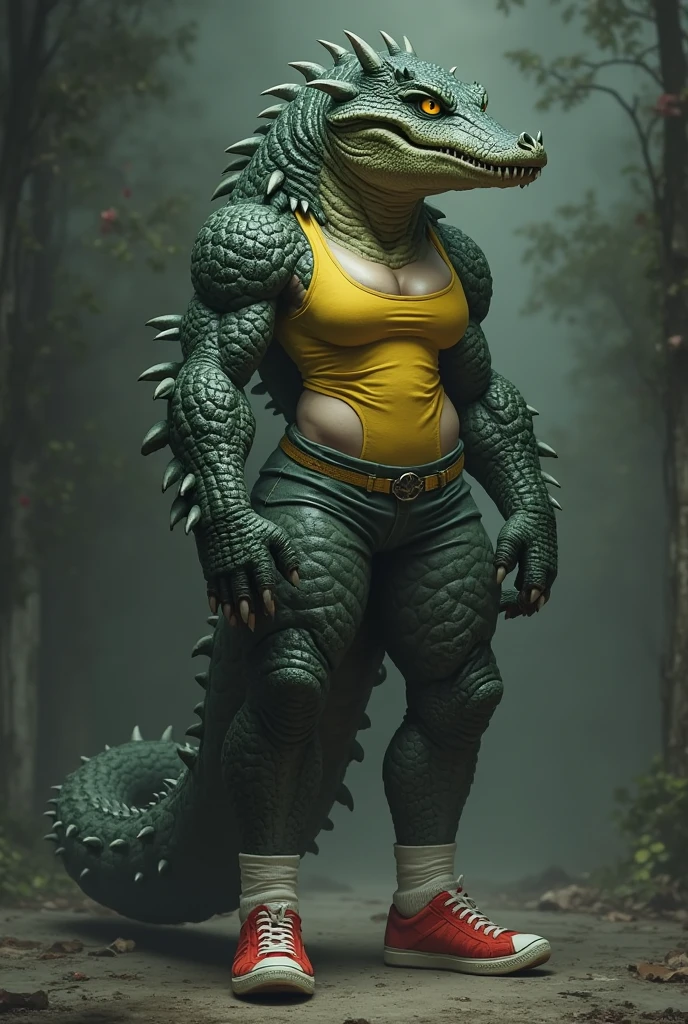 "Create a photorealistic 8K artwork showcasing a solo woman transformed into an anthro crocodile creature. Emphasize high detail and quality for a captivating and realistic portrayal.
The woman should have sharp teeth, reflecting her crocodile transformation. Dress her in a sleek one-piece swimsuit that complements her new form. Cover her entire body with intricately rendered crocodile scales, highlighting her transformation with exceptional realism. Sculpt her with large, muscular, and toned breasts, a voluptuous hourglass figure, and broad hips.
Give her hands crocodile webbed claws, enhancing her reptilian features. Her eyes should mesmerize in a captivating shade of blue. Complete her transformation with a tail emerging from her lower back.
Let her long, elegant hair flow gracefully, a beautiful contrast to her reptilian nature. Place her in a swamp setting, with a prominent radioactive warning sign as a backdrop, creating a compelling atmosphere.
Achieve the highest quality and photorealism, capturing viewers’ attention with intricate details. Immerse them in the astonishing transformation of this anthro crocodile woman."
(Scales:1.4), (sharp teeth:1.4), (muscular body:1.7), (highcut one-piece swimsuit:1.7), (large breasts:1.3), swampstyle monster, swampstyle, monster, woman monster, (crocodile head:1.3)