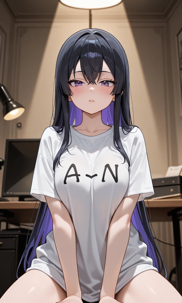 Black shirt, purple shorts, purple eyes, young girl, long black hair