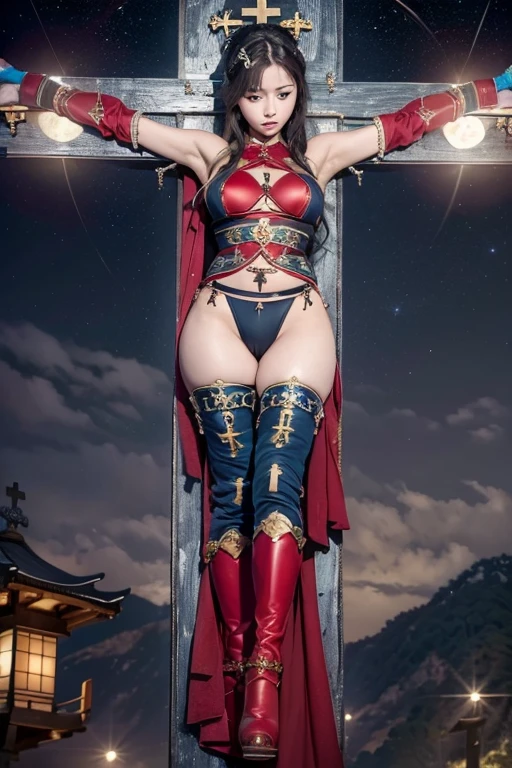 beautiful and delicate woman,The details of the eyes and face are very rich, exquisite eyes, super detailed, High resolution, The content is very detailed,best quality,EnLightenment,Unite,8k wallpaper,masterpiece,best quality,imagine,1 girl,China costume, Wear sexy white bikini armor,metal style, big breasts, high-cut underwear, 盔甲有圖案metal style的, Big red priest cloak,priest hat,standing posture,long legs,Put on pink blue and white boots,look at the audience,Face the audience,flowing long hair,Surreal 8000g,Impeccable,masterpiece,professional artwork,famous artwork,Light,movie bloom,perfect face,pretty face,fantasy,Dreamy and magical,not real,intricate details,Exquisite pattern…Korean woman’s face