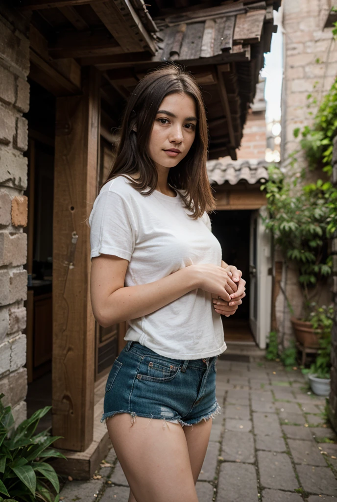 Anya Taylor Joy , white sleeveless t-shirt, white panties, leaning on the railing of a small balcony of a tall building in a dense city. View from above and behind, showing drab buildings, a can, a blue slipper and a plant. pink railing,