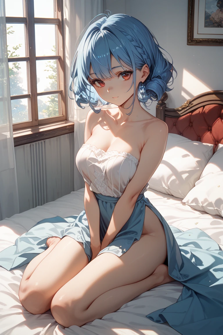 Erotic Cat Cosplay、hair over one eye、Cat ear、Glamorous expression、cat cosplay、short hair、On all fours、Cute underwear、Embarrassed、Light blue hair、White bra、White panties、Lie down on the bed、Blushing、Bedroom、On all fours