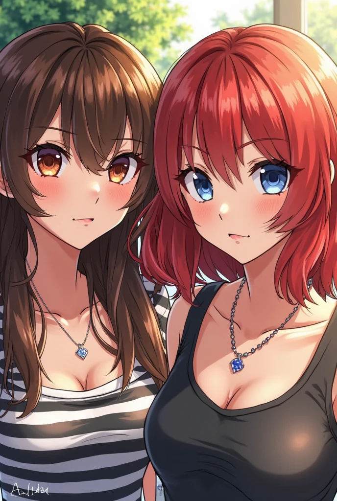 Two beautiful young women, Anime Style, Detailed face, Redhead, Red eyes, Delicate features, Soft lighting, Casual clothing, Embrace each other, Intimate pose, One touches the other&#39;Wash your face gently, Sit on a cozy sofa, Warm and cozy living room, Relaxed affection, Dynamic pose, Japanese Anime Style, high quality, Very detailed, 8K resolution, Cinema Lighting, 最high quality, Vibrant colors, Instagrammable, beautiful, tendency、sexy、Erotic