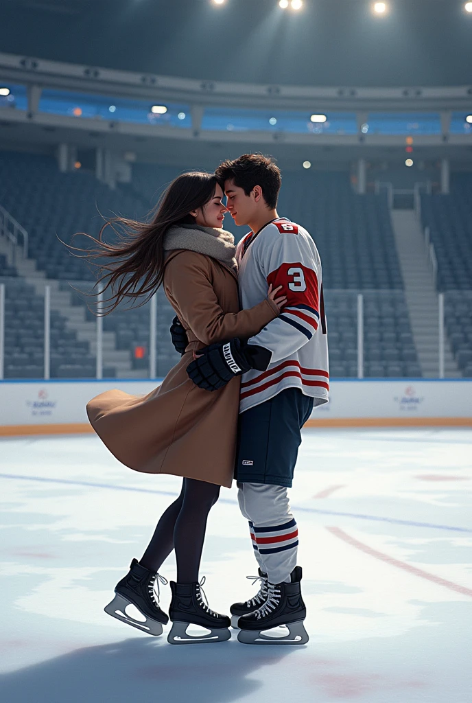 Ice skating. Woman long black hair shorter. Man short black hair taller