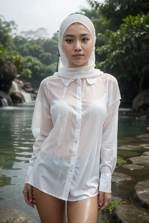 Young beautiful sweet sundanese Bogor city girl, 21 years old, slim body, georgeus face, no underwear must view, wearing wet white thin hijab, wearing wet white thin see through long robe, wearing wet white thin see through transparent trousers, wearing pink lacy panty, wearing wedges, standing in the hard rain on the Bogor city street side walk, rain drop visible, water flowing down through all the thing, dense hairy vagina visible, cheerful face, both two hands waving up, all fingers shape are normal,