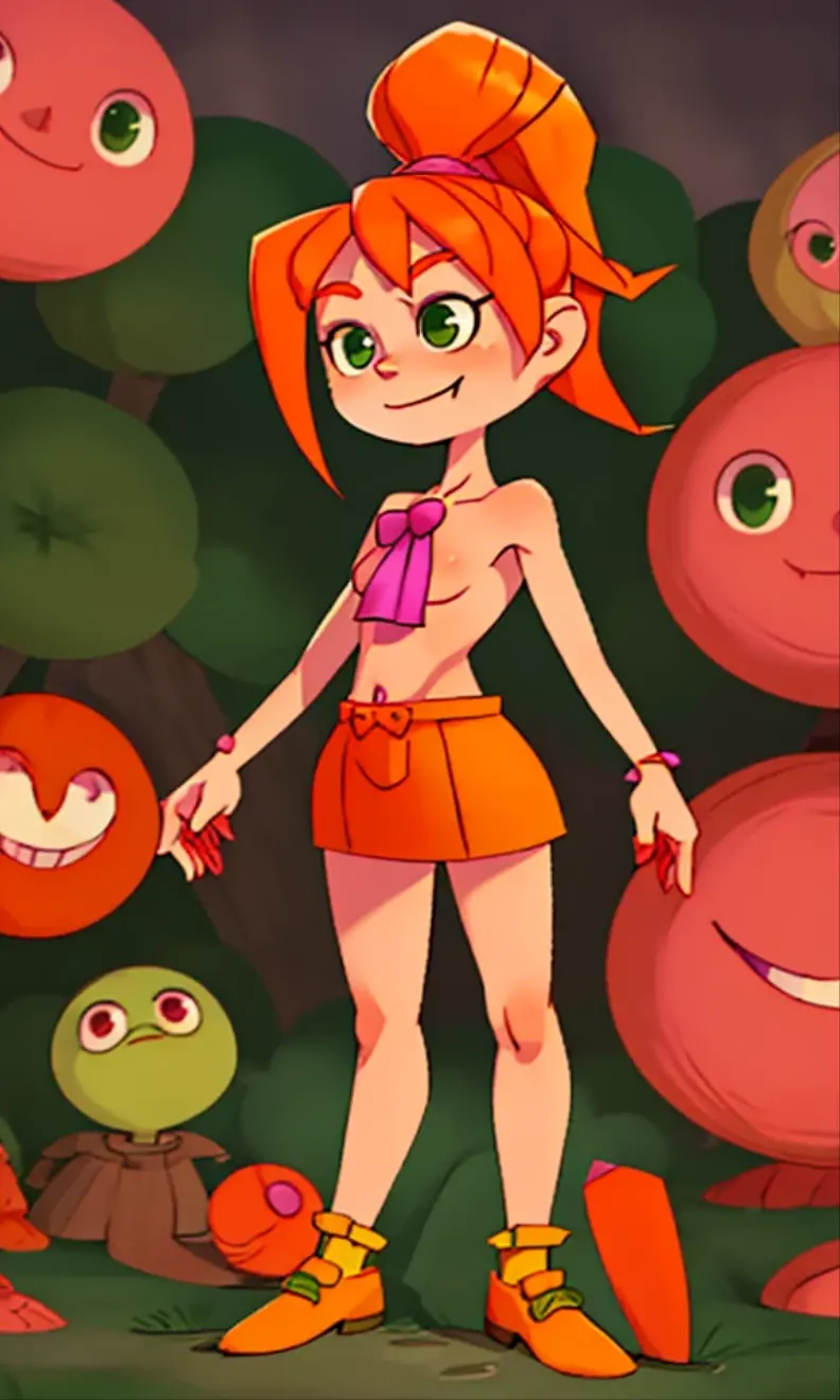 Elizabeth Afton, girl, green eyes, orange hair, long length orange hair, pink bow on her head, evil smug smile, naked, , full body, standing, outside the house.