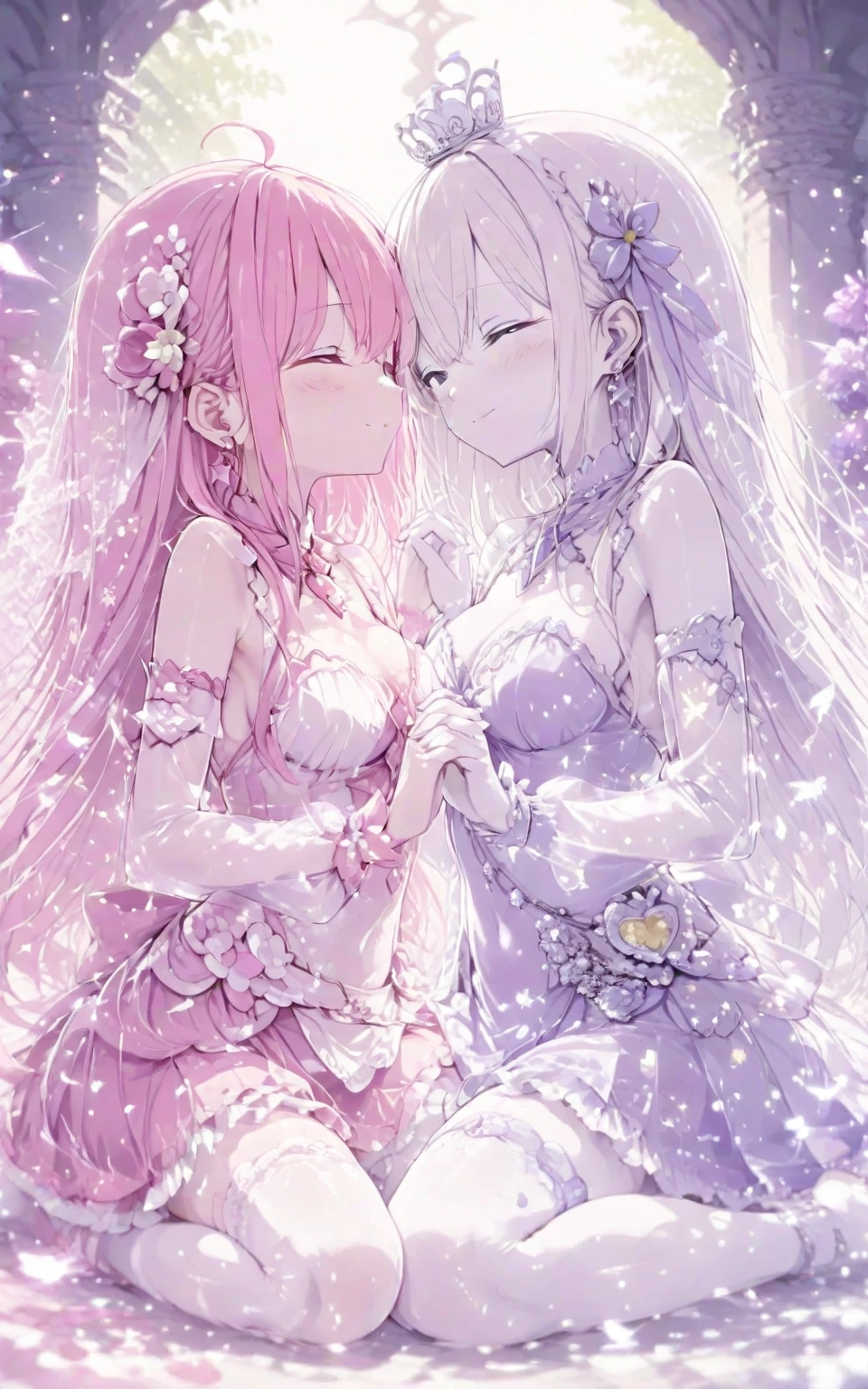 女の子1人、encrusted with pink and red hearts、、Too large breasts、cleavage of the breast、Dress with plenty of pink heart lace.、Large ribbon、lace cape、Lace veil、Eyes of Hearts、Her pale, Soft, Long hair studded with pale hearts..、A smile、Navel Ejection、pink hearts and frills、Princess Heartluffy cute background、pale heart、Pastel tones、Collect hearts under the sunlight、heart girl
