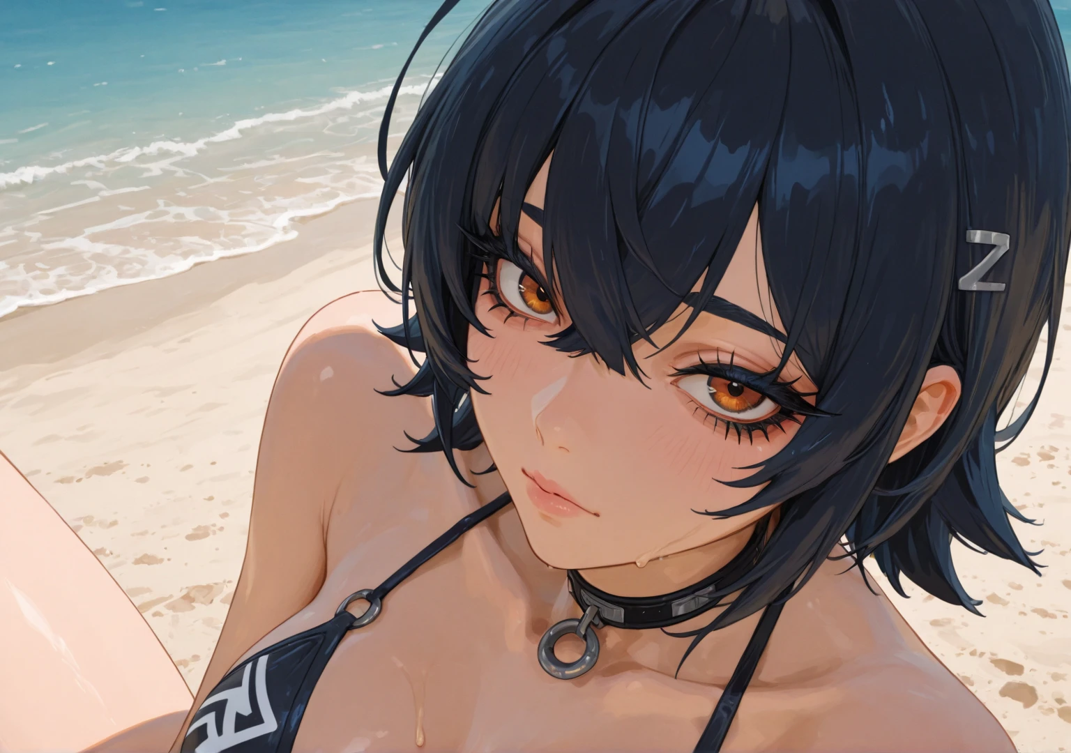 ((masterpiece、top-quality:1.5、a high chroma:1.5、ultra-detailliert、high-resolution illustrations:1.5、Ultra-high-definition CG、8k size wallpaper、offcial art))、((ffront view:1.5)),(1woman,),(cute face:1.5,cute eyes:1.5)、(High Detail、beautiful detail、finely detailed)、
(bored:1.3)、(sexy body),(standing),(Skinny and thin、black micro bikini:1.5)、,(multicolored hair:1.5), (large breasts:1.1)、(oil skin:1.5),(curvy:1.3)、(Portrait:1.5)
,(光る yellow eyes:1.5),(midsummer beach behind:1.5)、(upper body:1.5)、animesque