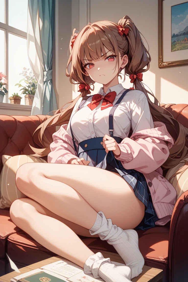 score_9, score_8_up, score_7_up, source_anime,
izuminogami, izumi nogami, red hair, one side up, medium hair, scrunchie, red eyes,
skirt, , pleated skirt, shoes, socks, cardigan, brown cardigan,
indoors, classroom, bent over,
looking at viewer, dutch angle, cowboy shot,