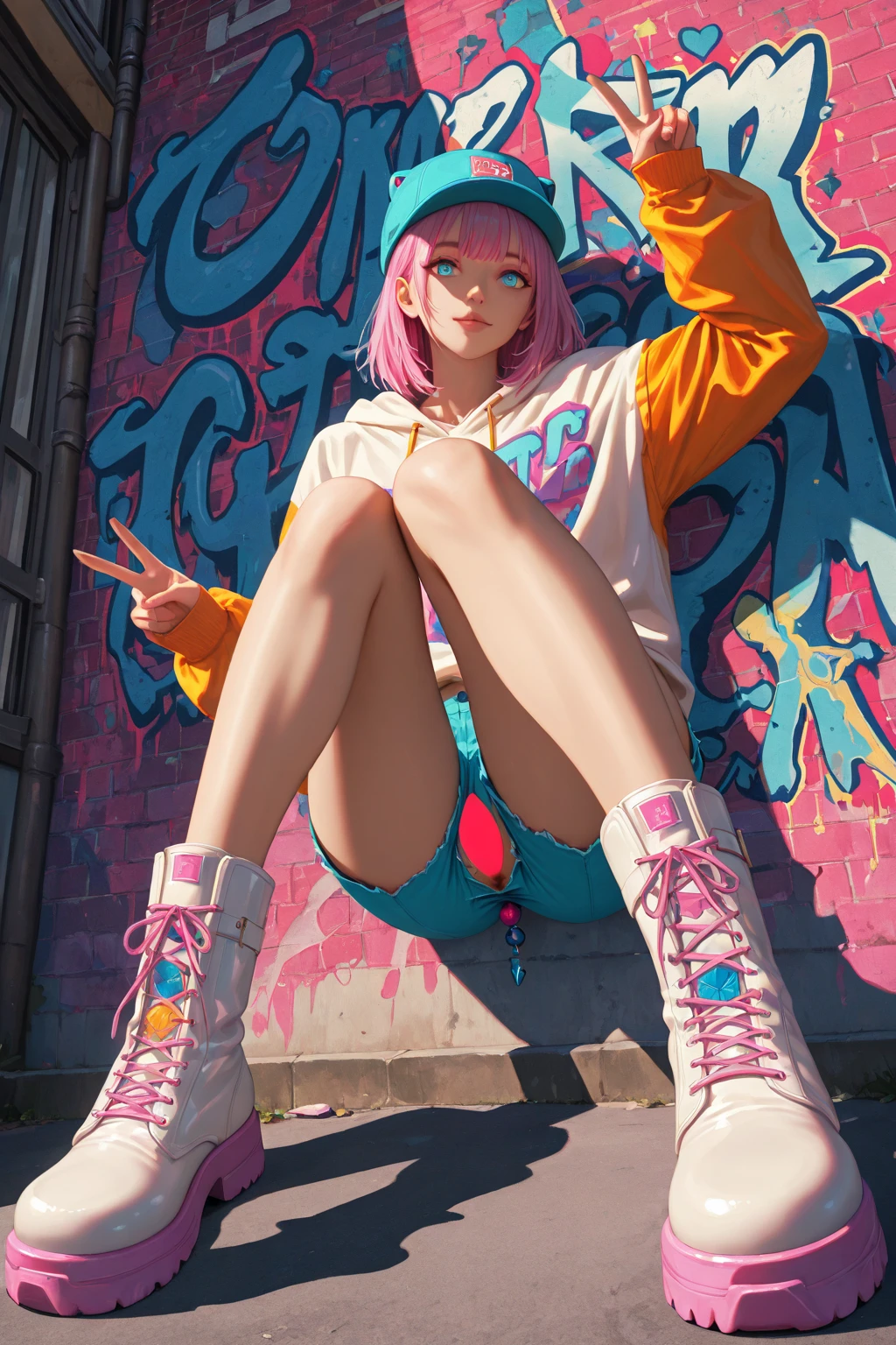 An 25 years old anime girl with pink Bob hairs, big black eyes, she's wearing blue T-shirt, modern short white full sleeves jacket, pink shorts and white shoes, standing, her face and earrings are incredibly cute