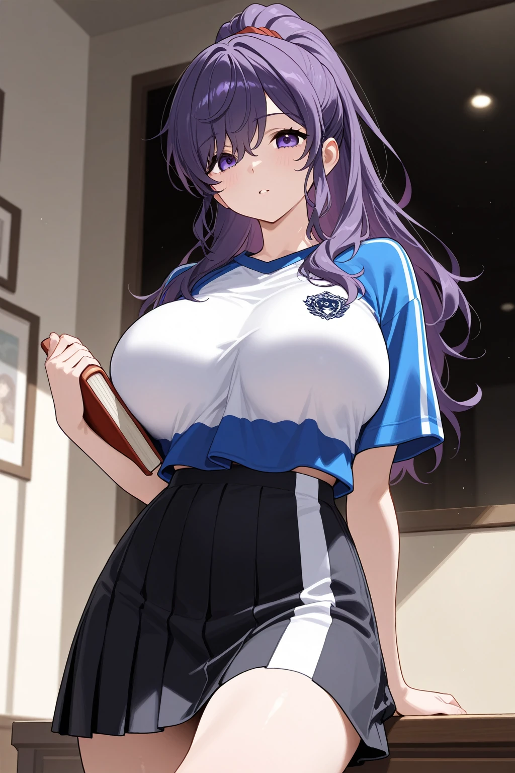 1 woman, 17 years old, (updo, blue and purple hair), plump body, red eyes, Indonesian high-school uniform, (wearing oversized black sweater, off-shoulders), osis logo on shirt pocket, huge breasts, light-grey pleated skirt, sitting on a chair, seductive pose, full body shot, side view, smiling, in the classroom.