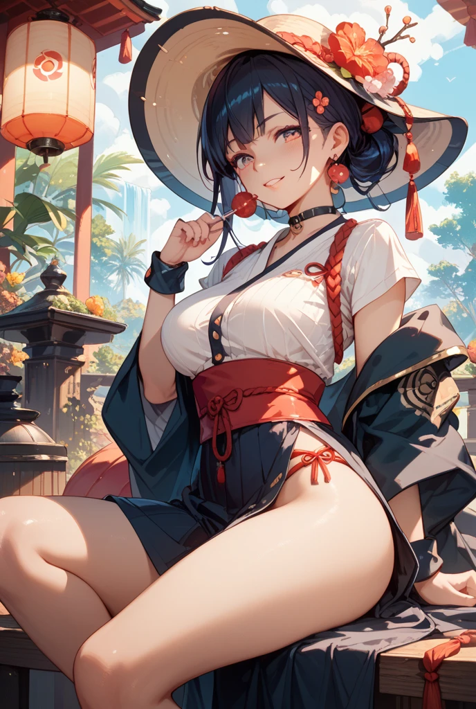 Bright colors，Magic background，loong background，water background，the sky background，Witch hat has a dragon pattern，The shirt is transparent and shows bra，sexy bra，Pantyhose wrap around the hips，sexy underwear，Dress conservatively，abstact，lady，Smiling，inquisitive