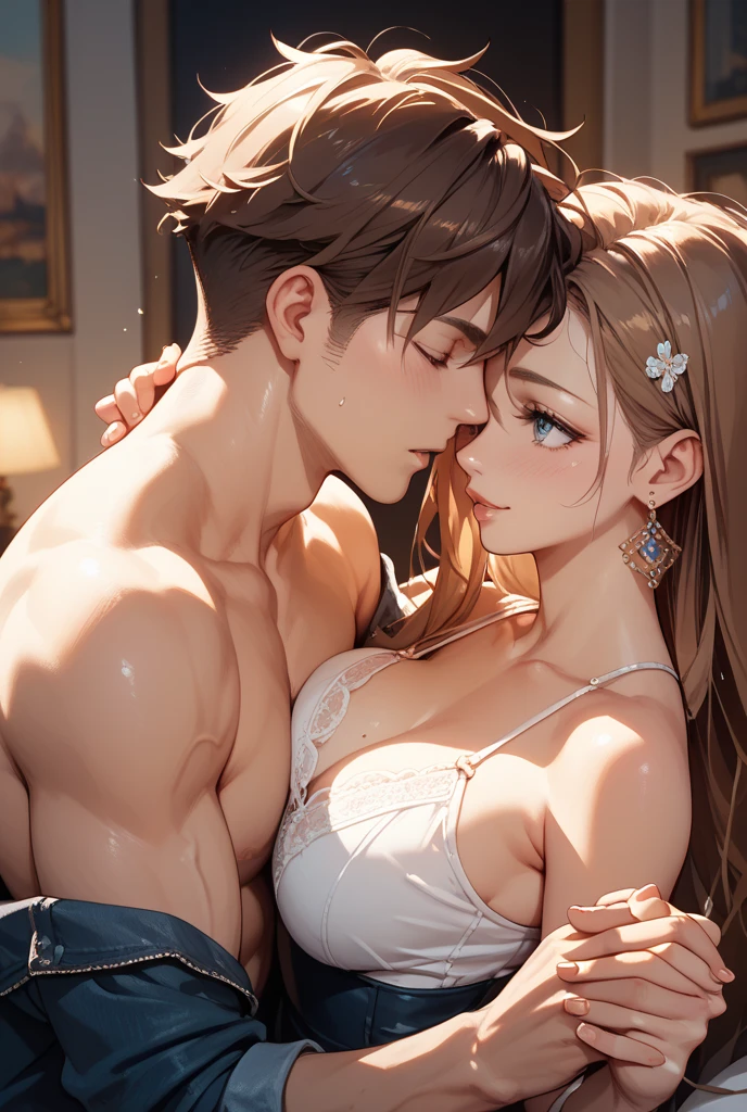 ,Woman and man  cuddling,large breasts,, smile ,orgasm face,hug,bed,put his hand on her chest, on bed, large insertion,suking breasts, <lora:Sleep-15:1> <lora:breast_sucking_v2.4:0.7> <lora:edgOrgasm1:0.6>,edgOrgasm face,