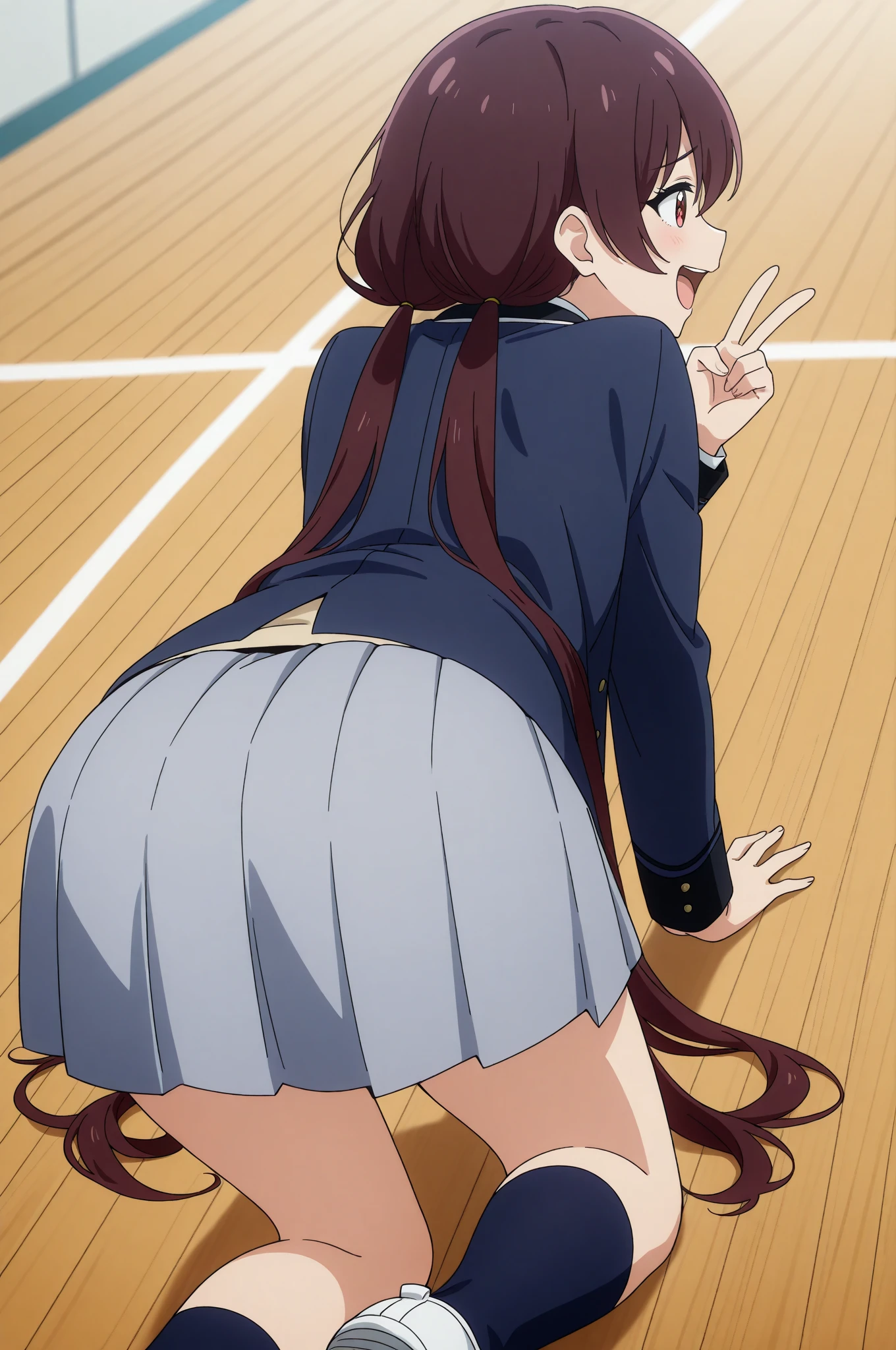 tennis girl's massive rear butt cheeks out of bottomless slutty mini skirt out bare, bent over showing her butt, sleeved hands hidden down, blindfold