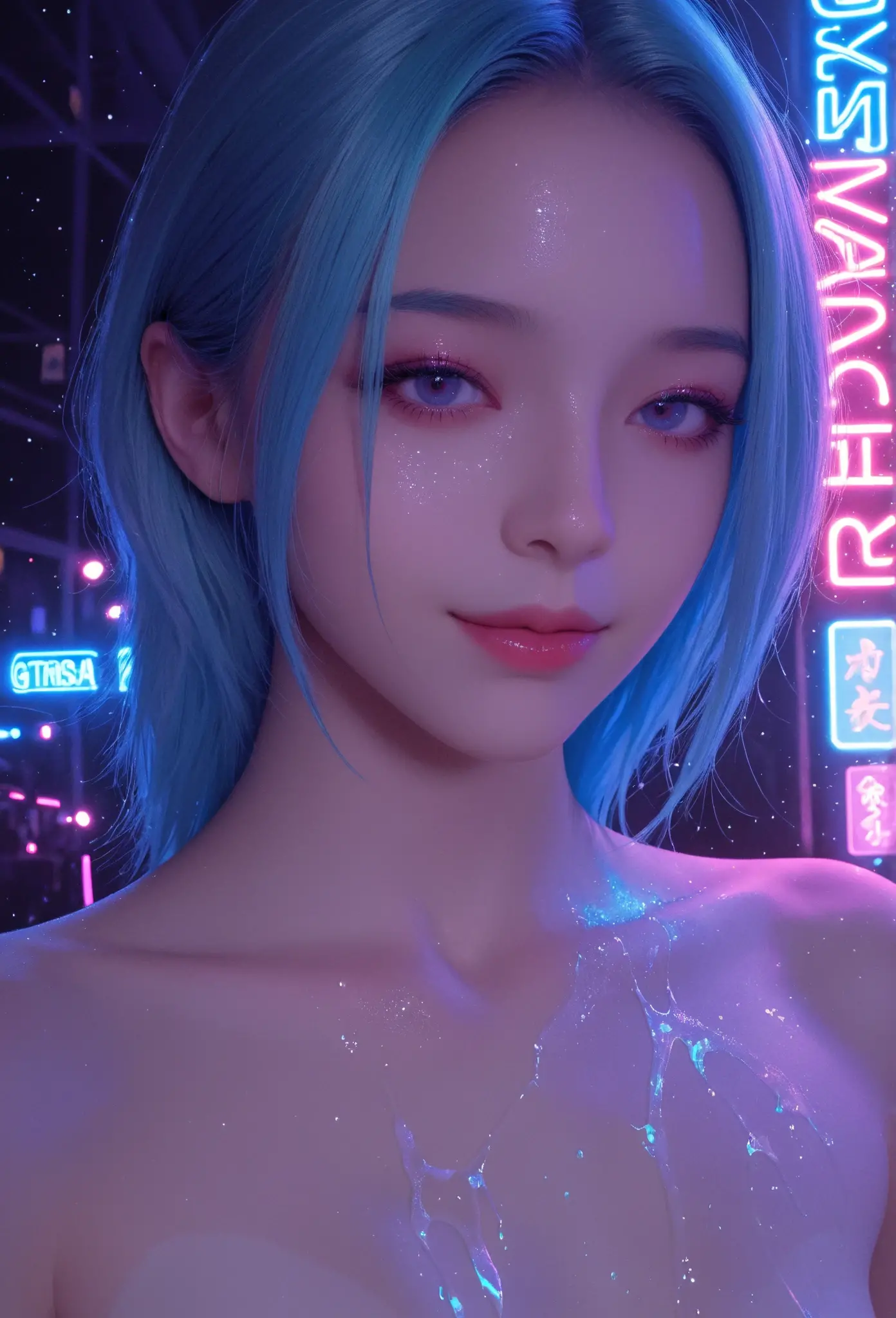 Beautiful female cosmic entity, glowing blue hair, nude, naked, hourglass body, glowing orange eyes, dark blue skin, white freckles, pussy, masturbating, squirting