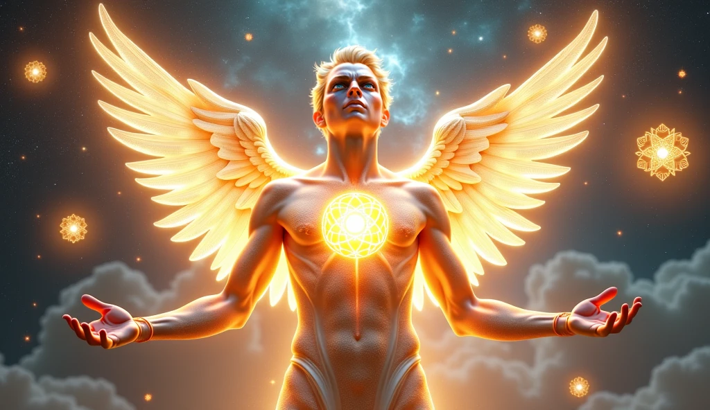Create a glowing winged male angel image with the 7 chakras for YouTube 