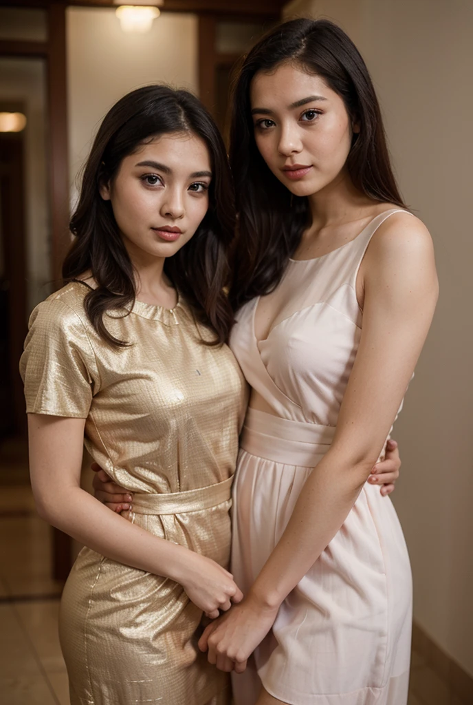 young asian model, 2girls, skin tight dress, skinny, hip bones, bones, backlighting, upper body, hug, satin dress, strapless, twins,