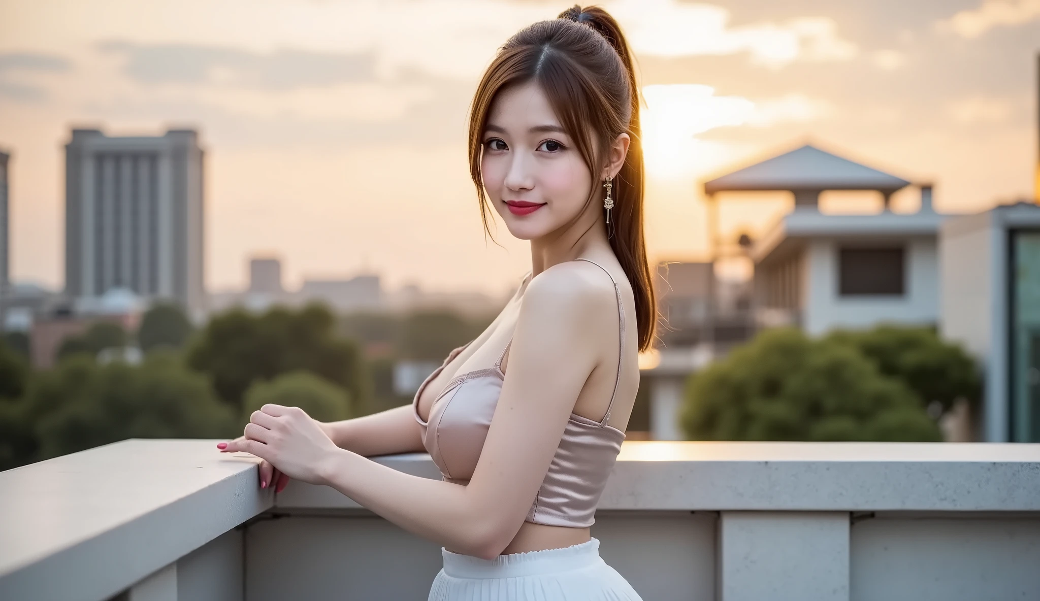 realistic, ((midnight, best quality, 8 thousand, masterpiece :1.3)), whole body, sharp focus :1.2, pretty girl with perfect body :1.4, 23 year old woman, slim abs :1.1, ((dark brown hair, very large breasts :1.2)), ((No Braza)), (white tight dress, shorts shorts, standing:1.2), ((Paris city view with Eiffel Tower, rooftop:1.3)), Highly detailed face and skin texture, detailed eyes, double eyelid, laugh, happy expression, earring, pendant, sunset, become dark, backlight, off shoulder,Looking straight at the camera, woman who wants to have sex, 