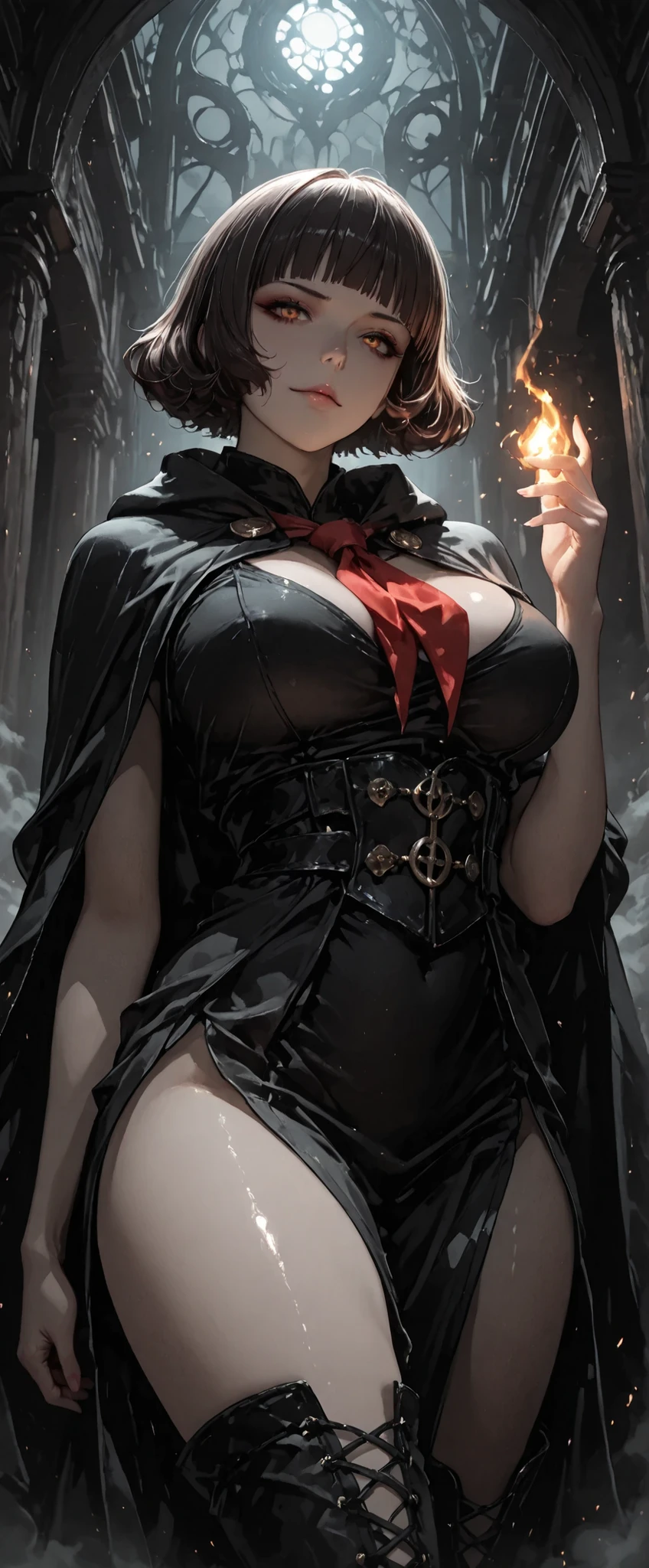masterpiece, background tower of fantasy castle huge body, 1girl, nun, black sleeves, white Monastic dress, with red gloves, tight latex,