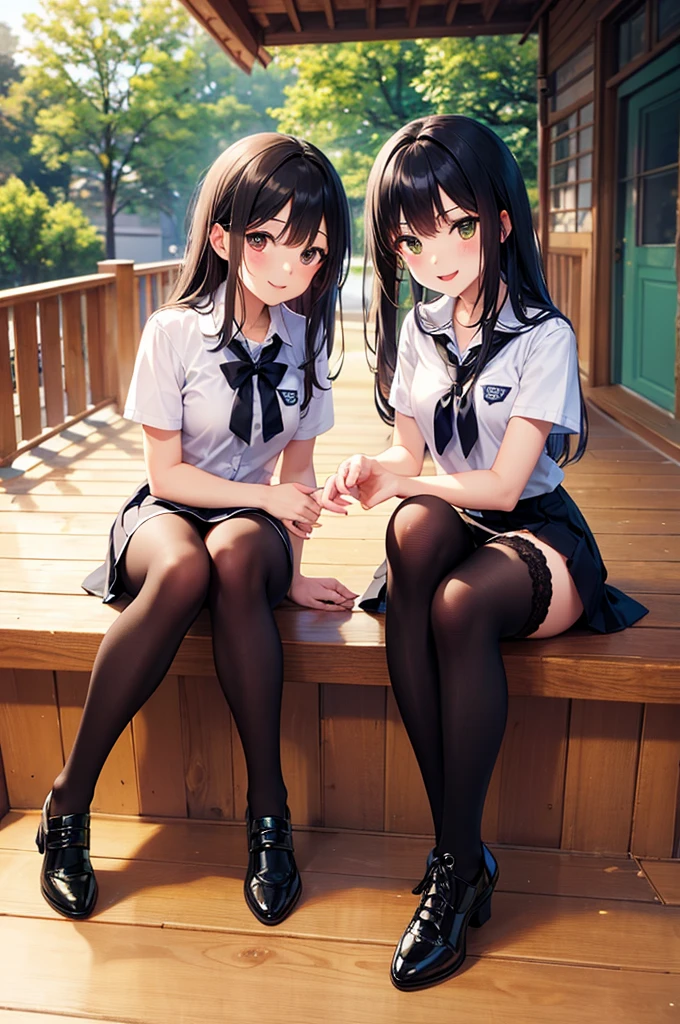 Very nsfw, Two girls, school uniforms, lifting skirt, lifting top, breasts, joyfulness, happiness, ((facing each other)), girl one on her knees, legs spread open, no panties, head looking deep in to girl two panties, girl two standing lifting skirt, enjoying the touch of pleasure,