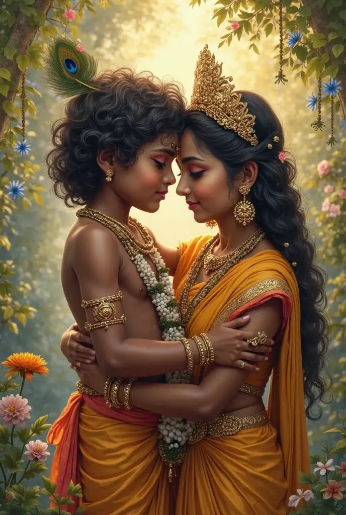 Radha Krishna with young boy  seat in t shirt Sonu Kumar name on t shirt he see front
