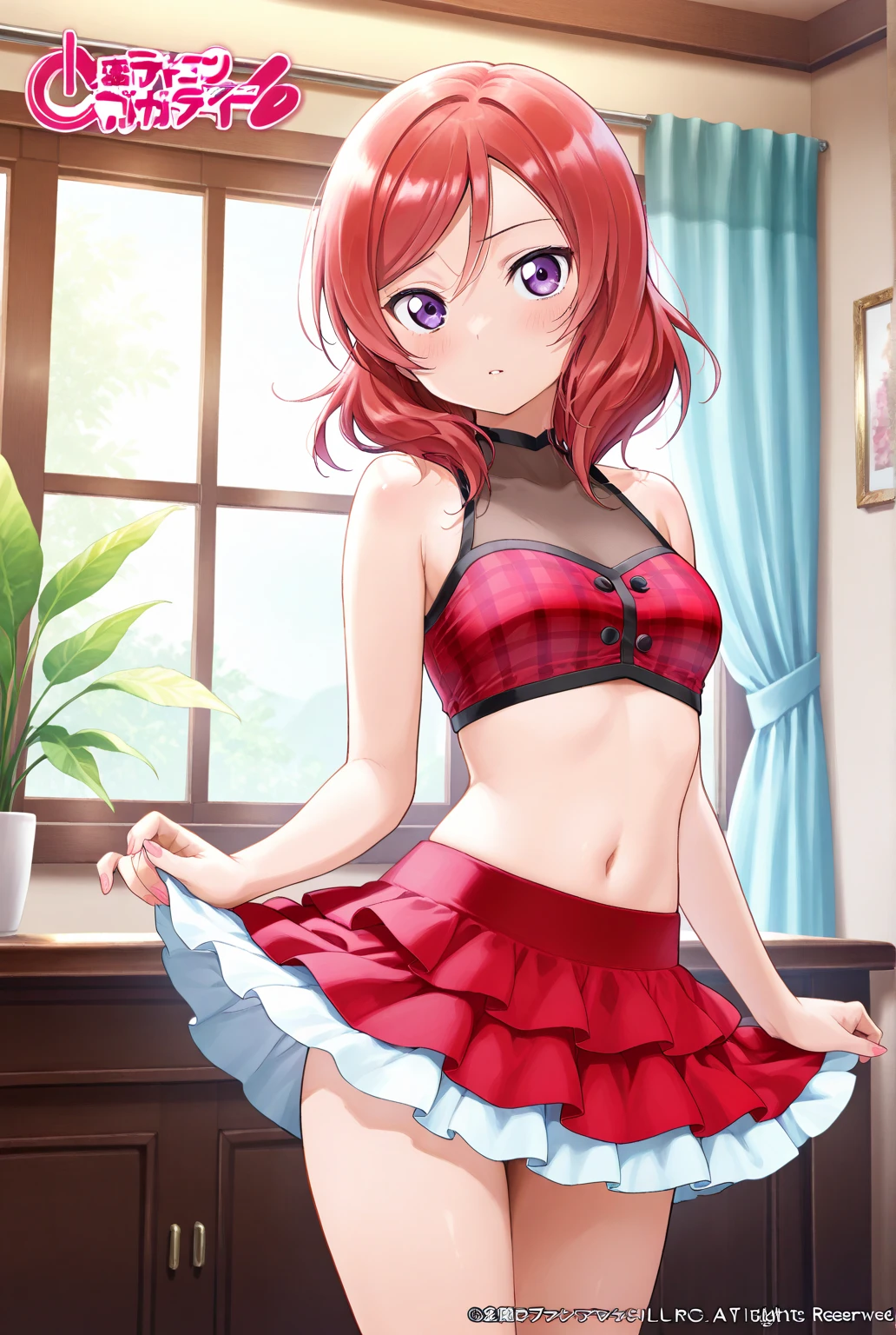 (masterpiece), (best quality), 1girl, medium breasts, id_maki_nishikino, bikini, looking at viewer, from below, smile, white background