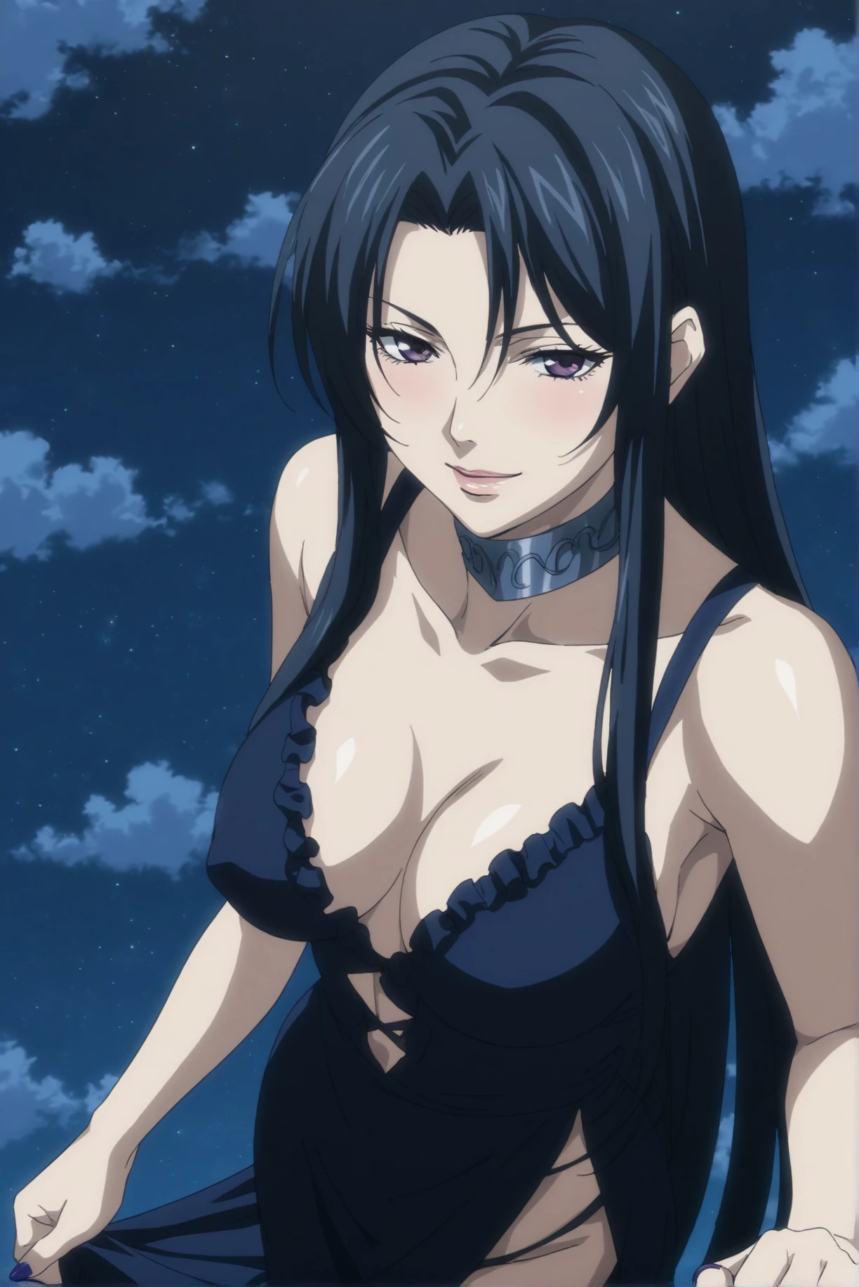 <lora:Cana Alberona:1> Cana Alberona, 1girl, solo, breasts, tattoo, cleavage, large breasts, long hair, midriff, black hair, navel, between breasts, hand on hip