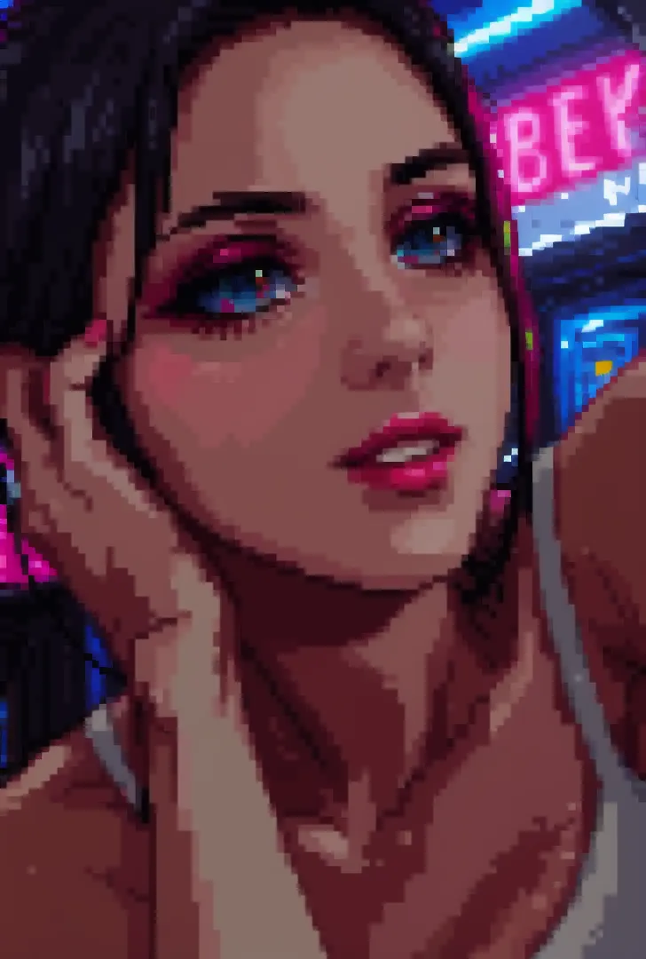 pixel style,pixelart,vaporwave style,vaporwave aesthetics,1girl with long wavy black hair,makeup,red lipstick,Eyes look upwards,from the front,above shoulder,hazy street background