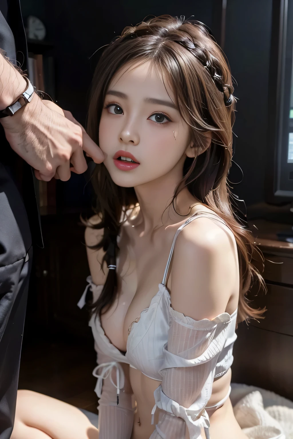 (Detailed skin:1.2),(Shiny skin:1.1),8K,Highest quality, masterpiece, Ultra-high resolution,(Realistic:1.4), RAW Photos,(Soft saturation:1),(Fair skin:1.2),(Succubus:1.3),(nude:1.3),Half-Japanese beauty,20 years, Light brown hair,Random Hairstyles, (Long Hair:1.3), Asymmetrical Hair, (Pretty face:1.4), (Normal chest, Tight waist,Big firm hips:1.2), Beautiful lighting, (Sexy Costumes:1.2),(Highly detailed face, Highly detailed lips, fine grain, double eyelid,Highly detailed and evenly balanced eyes), (Sharp focus:1.2), (Perfect Anatomy:1.3),(Beautiful woman with perfect figure: 1.2)、(Lie down in bed:1.2),Sharp Eyes,Upscale bedroom,(Open your mouth very wide:1.6)Sticking out tongue、Eyes closed