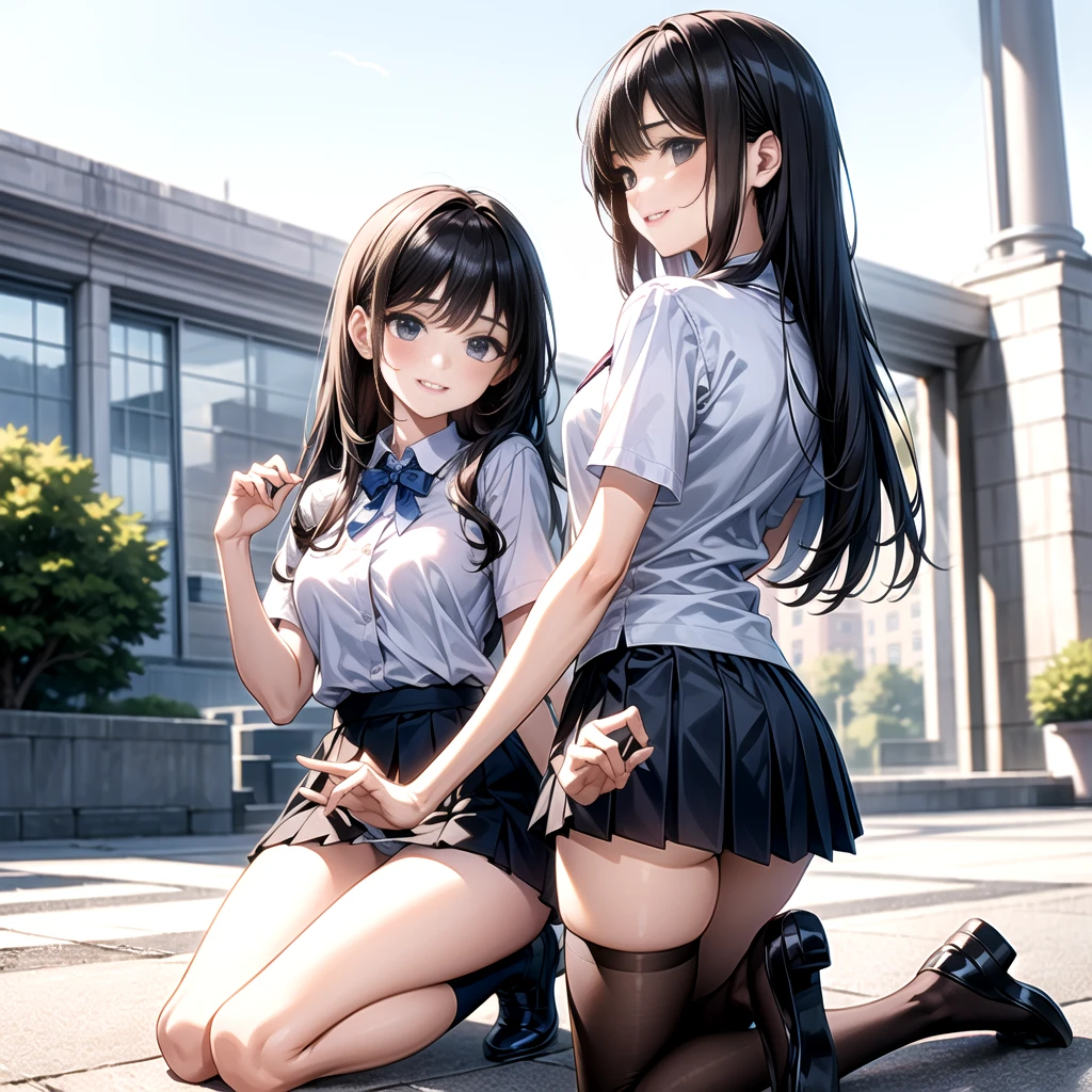 (8K、Raw photo、highest quality、masterpiece:1.2)、one girl、beautiful girl、black hair、short hair、(curly hair)、(((Light blue lace panties)))、NSFW、mini skirt、(smile showing teeth )、(((lift the hem of the skirt、スカートの裾をboth handsで持ち上げる、Lift the hem of the skirt yourself)))、thighs、d cup bust、((Japanese school uniform))、(Red Blazer:1.2)、(short plaid skirt:1.5)、(tie:1.2)、checked skirt、((highest quality、16K、muste piece:1.3))、light on face、detailed face、highly detailed lips、detailed eyes、realistic eyes、Beautiful hands of the city、both hands、normal hands、Two arms、full hand、beautiful body、beautiful fingers、normal finger、Five fingers、Five fingers、(thumb) 、index finger、middle finger、ring finger、little finger)、beautiful eyes、Shining eyes、beautiful mouth、beautiful lips、(Correct eye balance)、while looking at the viewer、background blur
