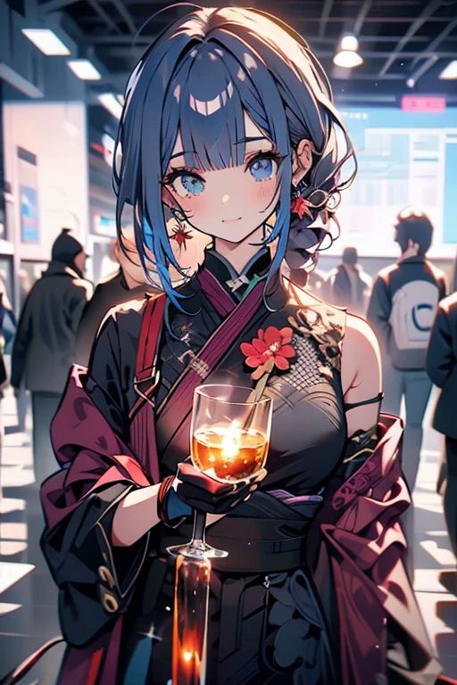 最high quality、best image quality、masterpiece、teenage girl((20-year-old、 By becoming、vest bust、medium bust,wide open breast tea、shining eyes, light blue hair、long hair、thin,highest valley、ponytail、black Y-shirt、mini skirt、holding a wine bottle、smile、black gloves、Flight)),high quality、beautiful art、background((night sky))、Flight、debris flies、Depth of written boundary、movie、visual art、perfect art、8k,genuine、