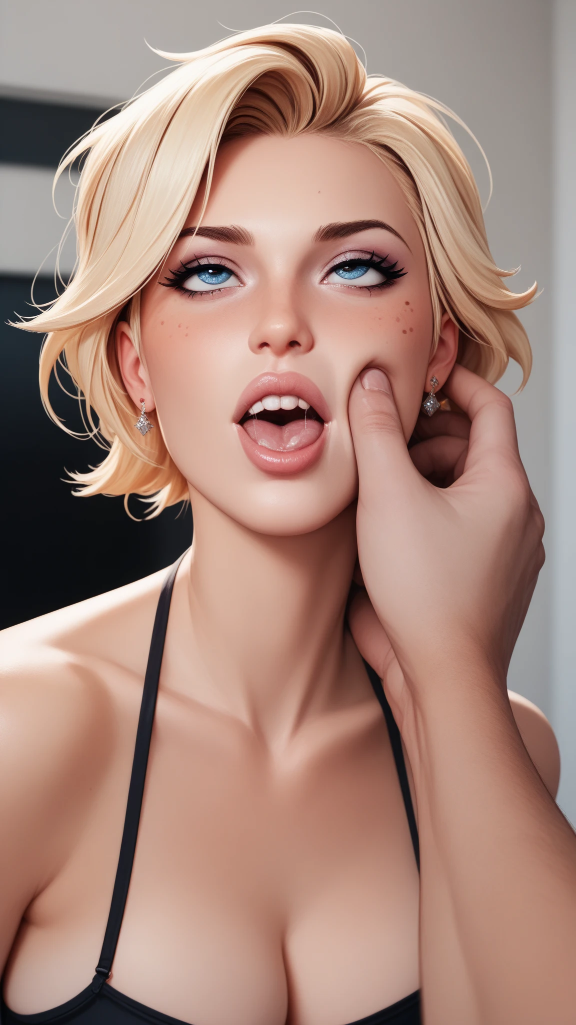 photorealistic, octane render, best quality, sharp focus, 8k, 4k, Masterpiece, Best Quality, realistic skin texture, extremely detailed, intricate, hyper detailed, illustration, soft lighting, high resolution, sharp detail, <lora:android_18_v110:0.6> android_18, and18, 1girl, android 18,  blonde hair, short hair, blue eyes,  1girl, (stage four, deepthroat:1.1), pov, open mouth, ahegao, rolling eyes, orgasm, happy,  lipstick, eyelashes, detailed eyes, detailed face, jewelry, nude, white thighhighs,  garter straps, garter belt, curvy, big breasts, cleavage