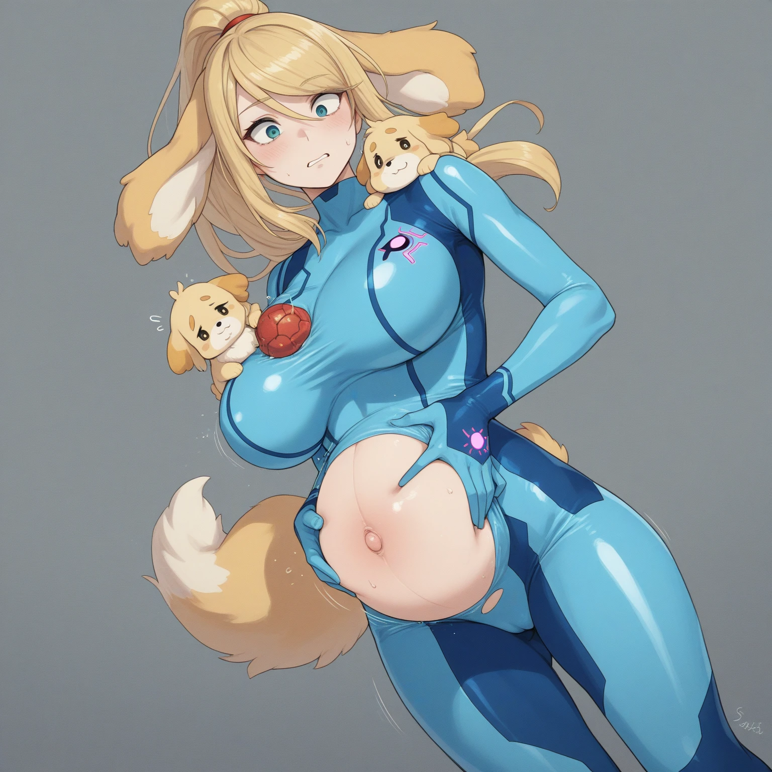 1girl, solo, straight hair, blonde hair, long hair, blue eyes, large breasts, wide hips, playboy bunny, blue bunny suit, mature female, milf, motherly, smile, looking at viewer