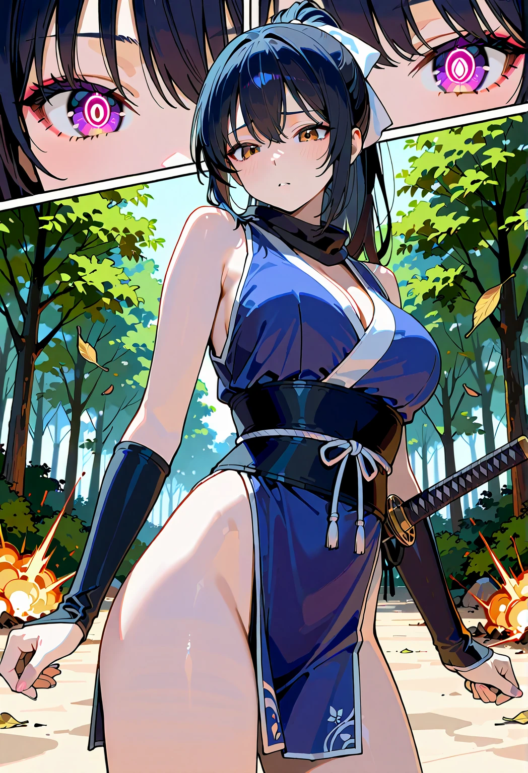 ((masterpiece,best qualtiy)), 1girl, solo, yuzuriha, (jigokuraku), purple hair, smiling, looking at viewer, brown eyes, ninja clothes, dark blue clothes, cleavage, topknot, medium hair, breasts apart, bamboo forest background, sharp eyes, large breasts, 8k, full body, ambient lighting, arm thick thighs, detailed legs, flexible, muscular, (from below:1.2), hdr