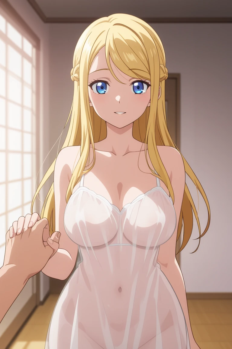 ((best quality)), ((masterpiece)), (detailed), perfect face, tanned skin anime girl in a deep V-neck tied top (bare shoulders), (long skirt), she is hugging a handsome boy, the boy is grabbing her stomach tightly from behind
